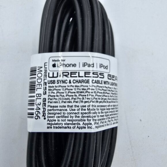 10 Foot Black Wireless Gear Charging Cable Heavy Duty For iPhone/iPad New - Picture 2 of 4